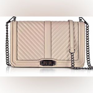 Rebecca Minkoff tan nude gold quilted crossbody leather flap handbag